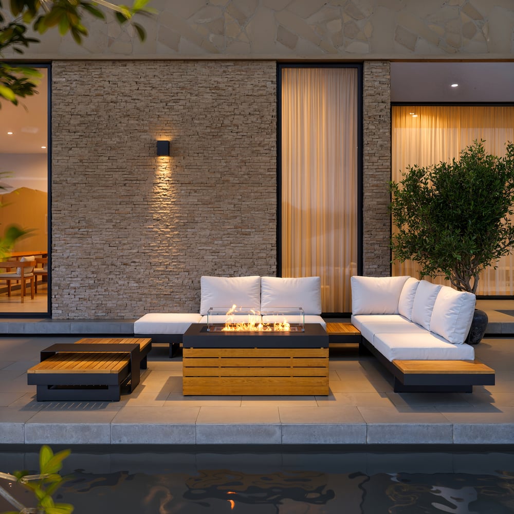 Tevara 120cm 5-Pieces Modular Teak Outdoor Sofa Set with Smokeless Fire Pit for 6 Person window image