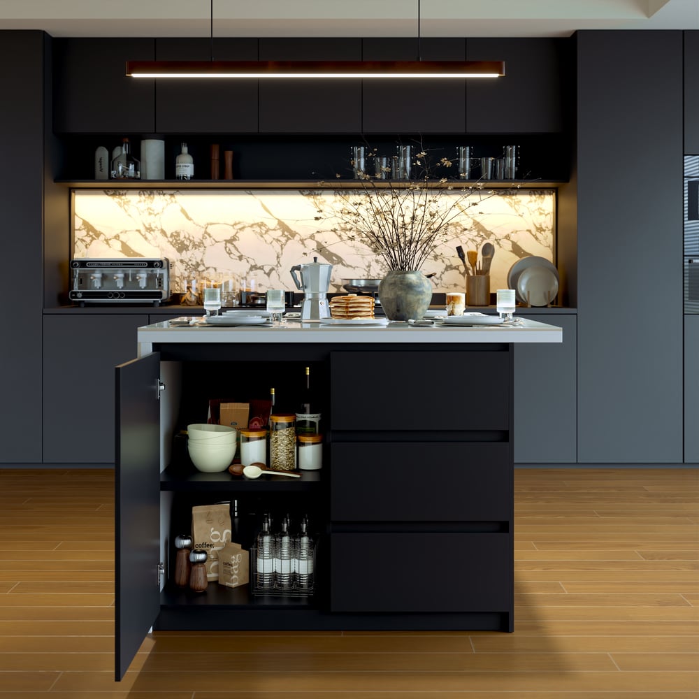 Modern 50" Glossy Sintered Stone Kitchen Island with Storage, White & Black window image