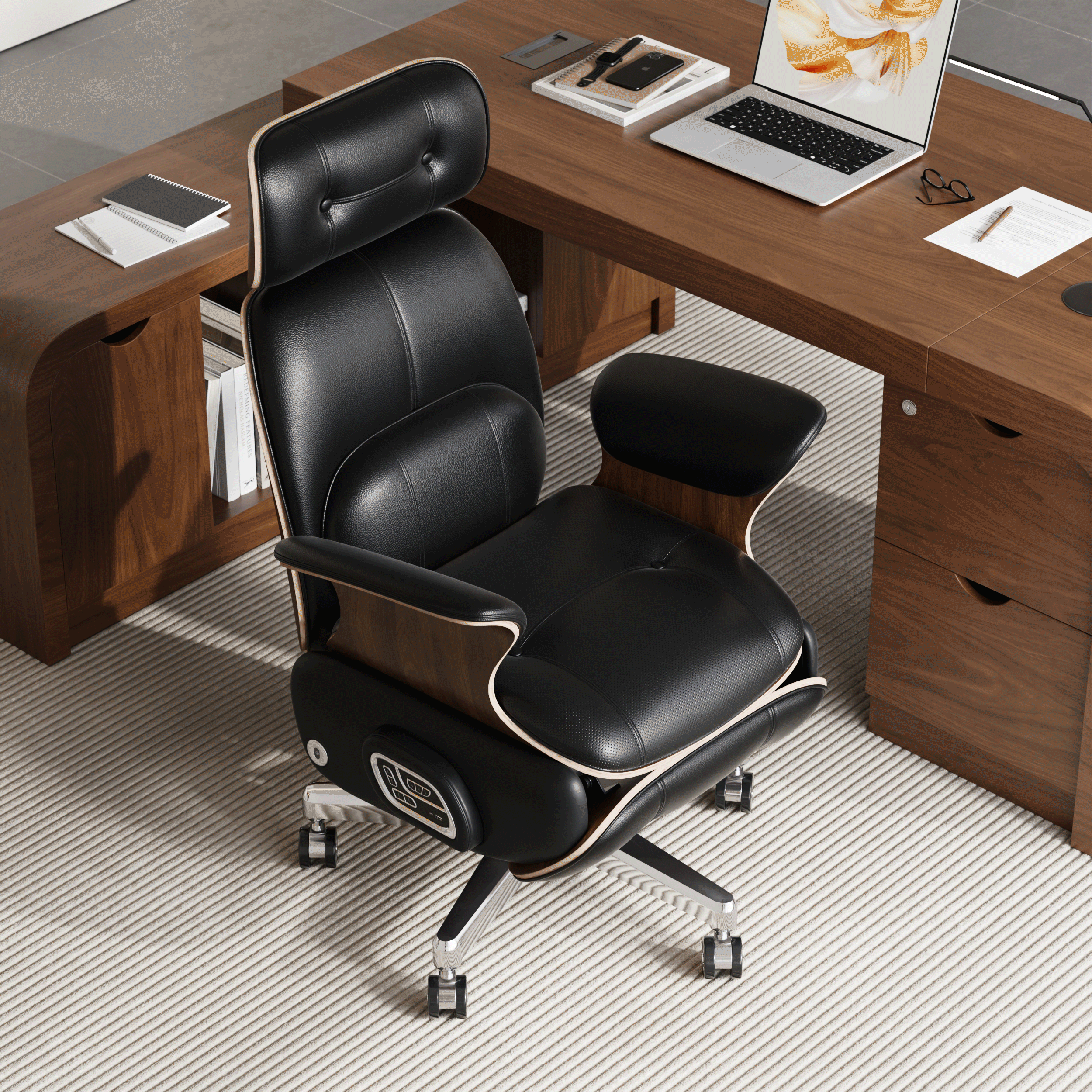 Black Genuine Leather Power Reclining Executive Office Chair Swivel Office Desk Chair window image