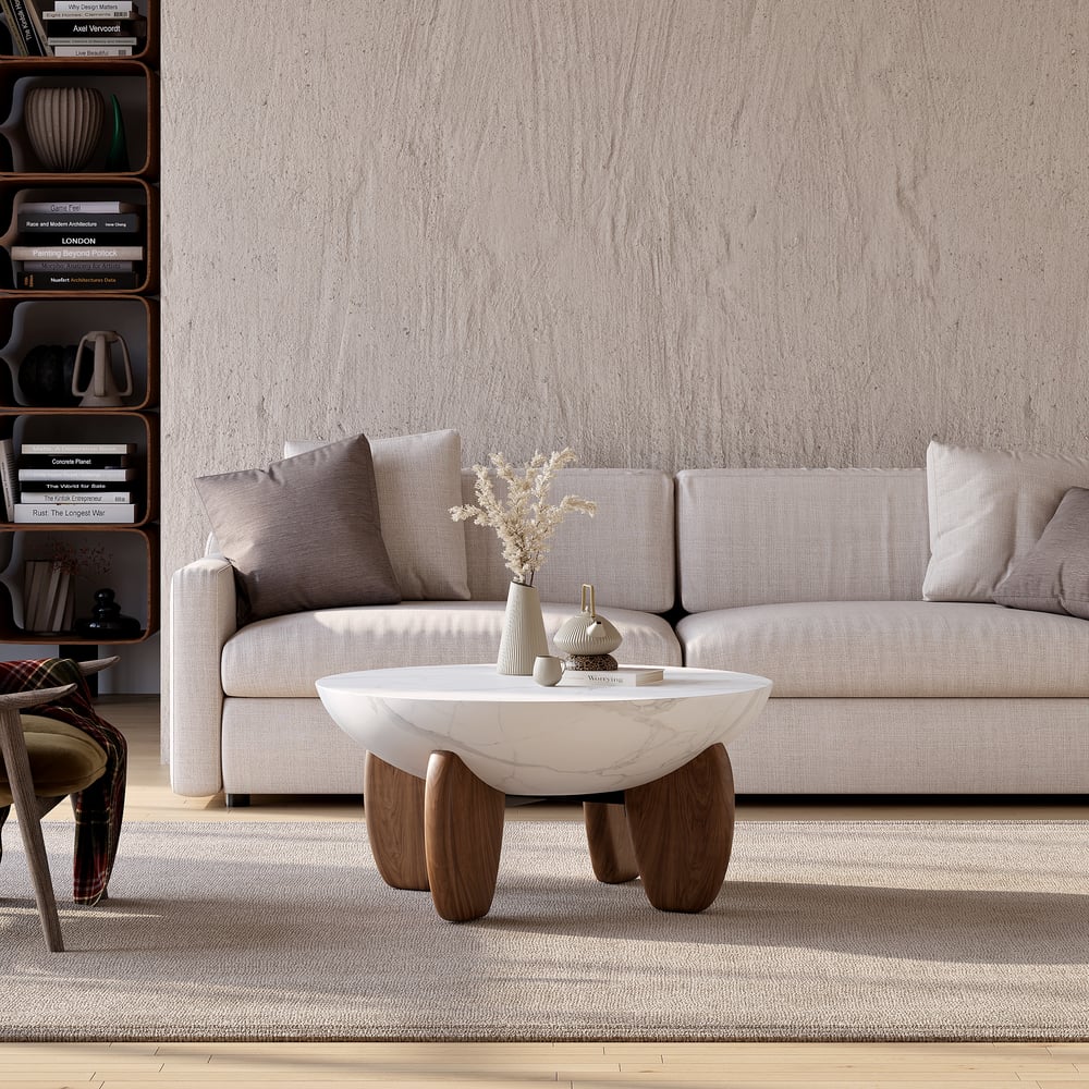 Curva 37" Round Concrete Walnut Coffee Table with Wood Legs window image