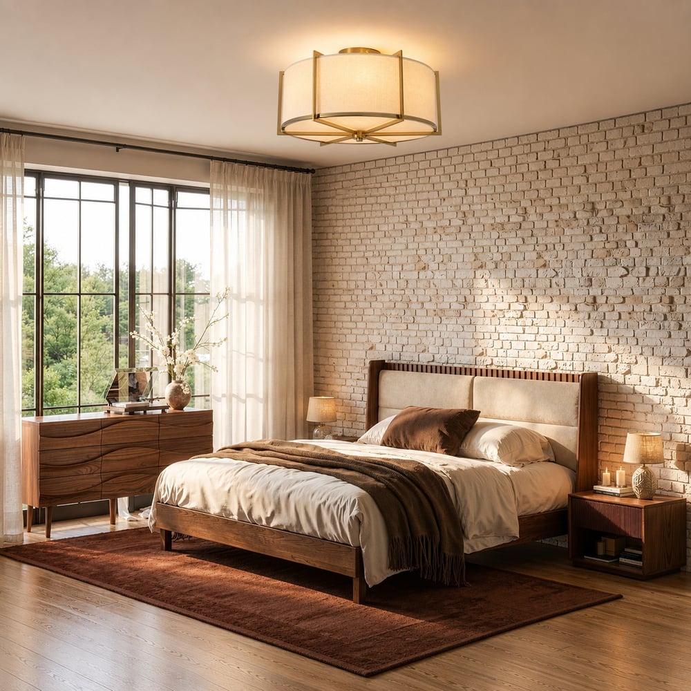 18" Fabric Flush Mount Light in Gold Finish, 3-Light window image