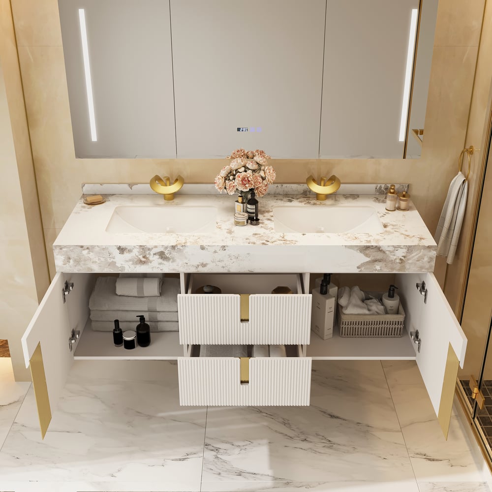 Artis 152 cm Meuble de salle de bain flottant double vasque avec plateau en pierre frittée image de fenêtre