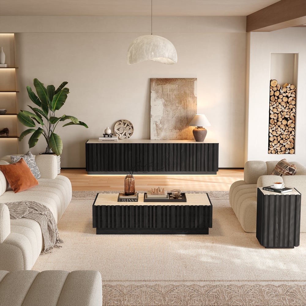Aura Ash Wood Fluted Black Side Table with Sintered Stone Top window image