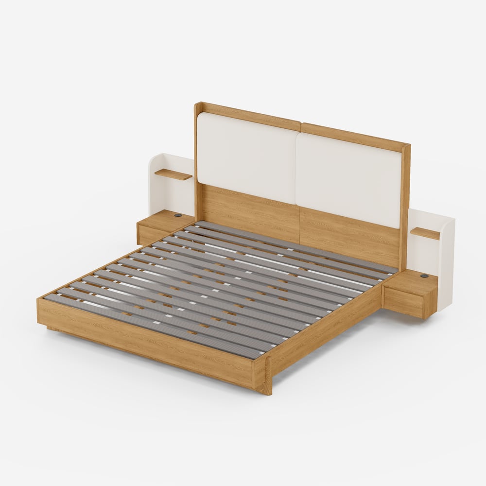 King Solid Wood Bed with Leather Extended Headboard & Floating Smart Nightstand Set window image