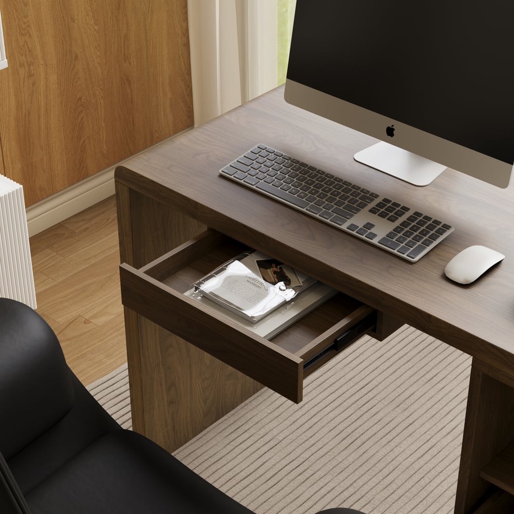 Modern 94" Rectangular Smoked Brown Double Desk with Drawers, Seats 2 window image