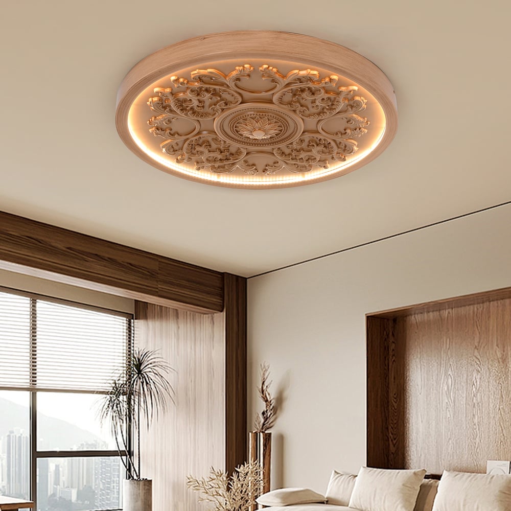 Franse Elegante Natuurlijke Hars 3D Gebeeldhouwde LED 3-Modus Dimbaar Plafondlamp voor Montage vlak tegen het Plafond Vensterafbeelding