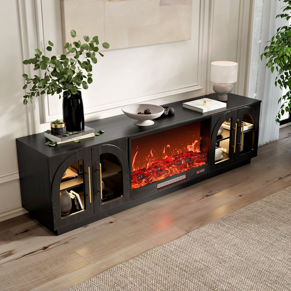 Arune 80" Arched Glass Doors TV Stand with Electric Fireplace & Remote Control window image