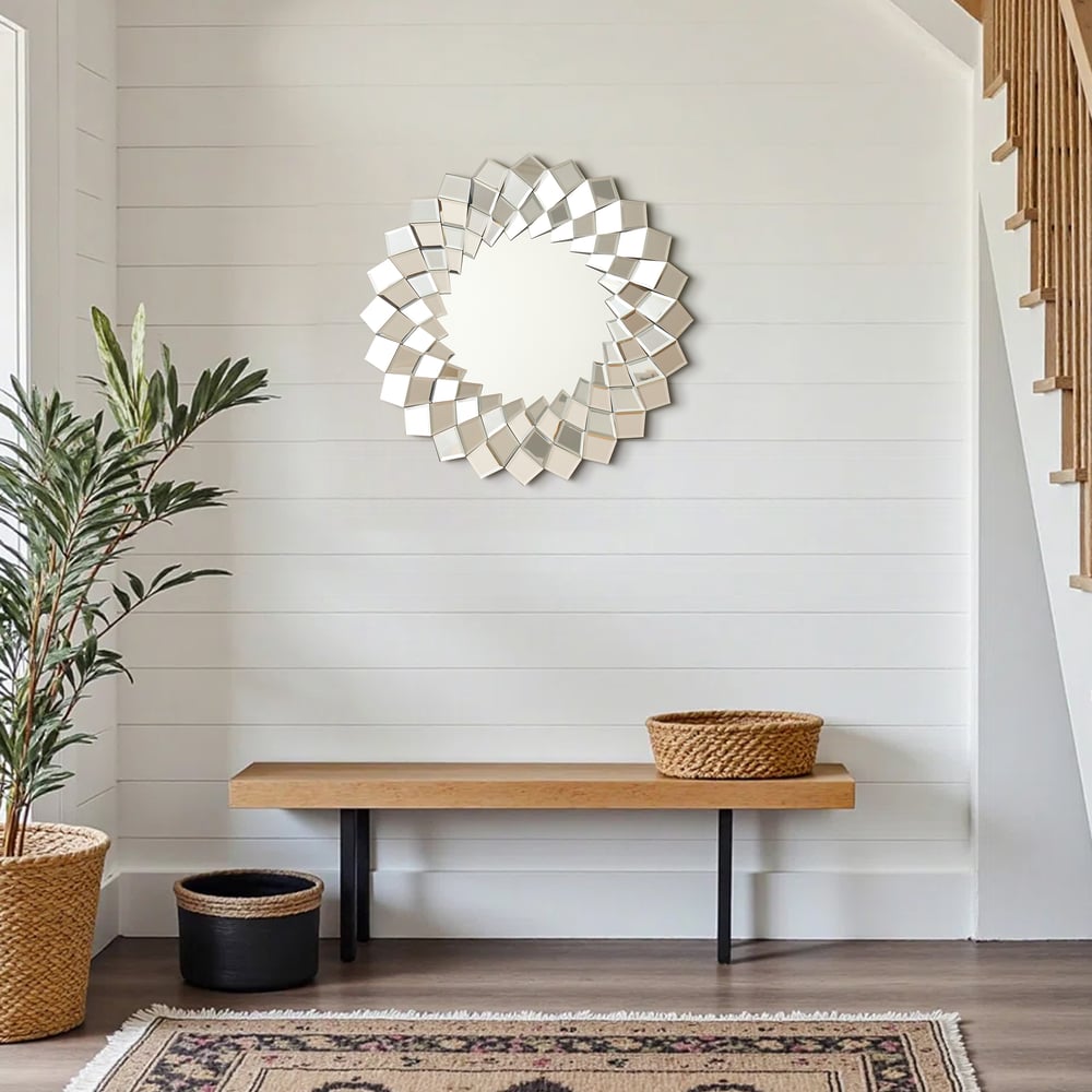 24" Diamond-Shaped Wall Mirror, Silver Round Decorative Mirror window image