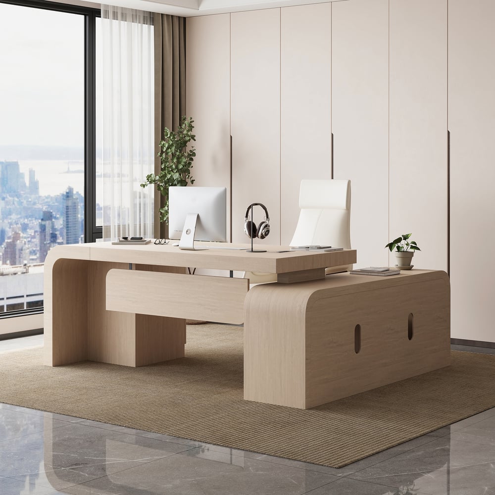 70.9" Whitewash L-shaped Executive Desk Left Hand & Reclining Leather Office Chair window image