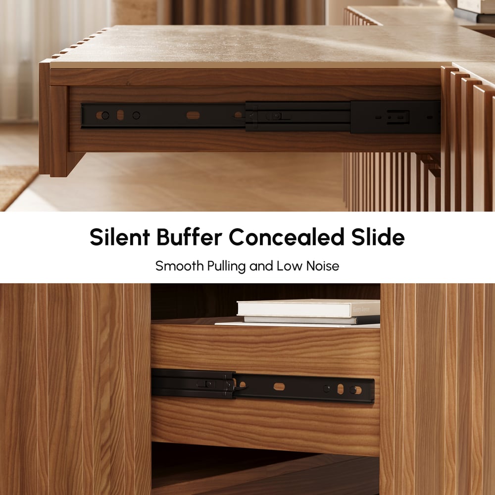Aura 80" Ash Wood Fluted Walnut Projector TV Stand with Sintered Stone Top window image