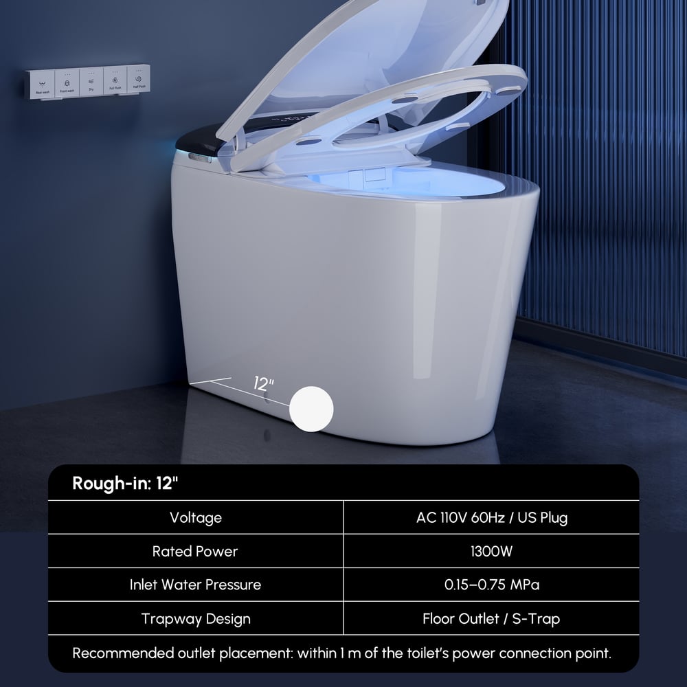 Smart Bidet Toilet with Built-in Tank, Foam Shield, ADA Seat Height, Auto-Open Lid weights dimensions image
