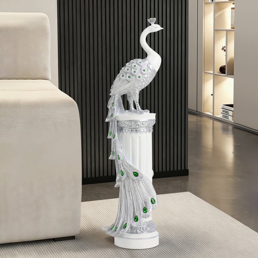 27.6" Srebrna Statua Pawia z Diamentowymi Akcentami – Luksusowa Rzeźba Pawia z Żywicy obraz okna