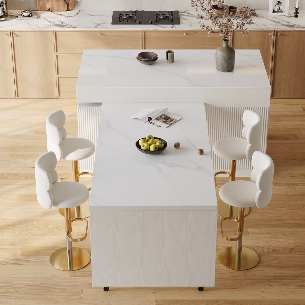 Îlot de cuisine moderne de 81" à 118" en pierre frittée avec tiroirs et portes, blanc image de fenêtre