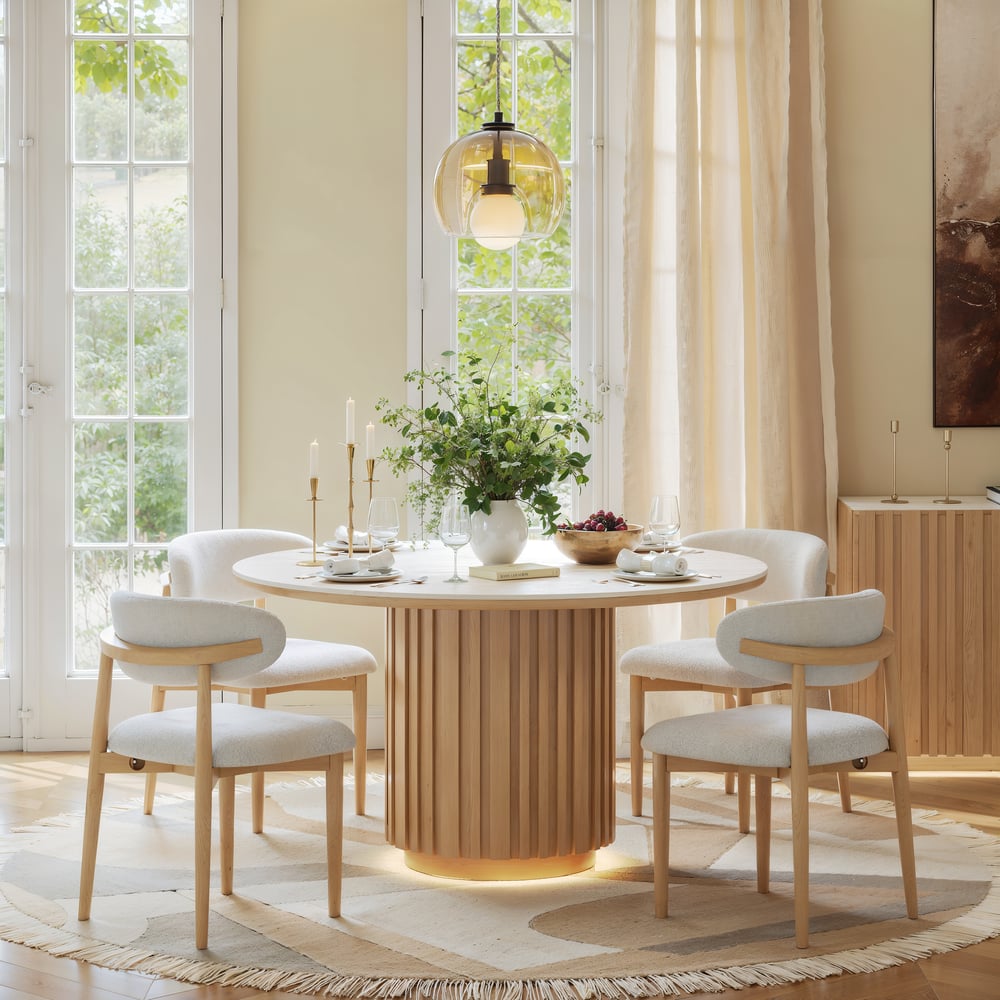 Aura 47" Round Natural Faux Travertine Sintered Stone Dining Table, Fluted Base, Seats 4 window image