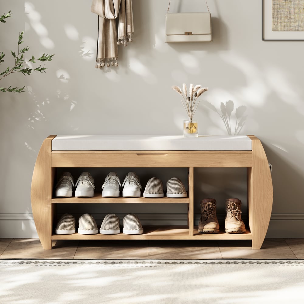 Banc d'entrée en bois massif naturel de 40 pouces avec rangement pour chaussures et étagère à chaussures image de fenêtre