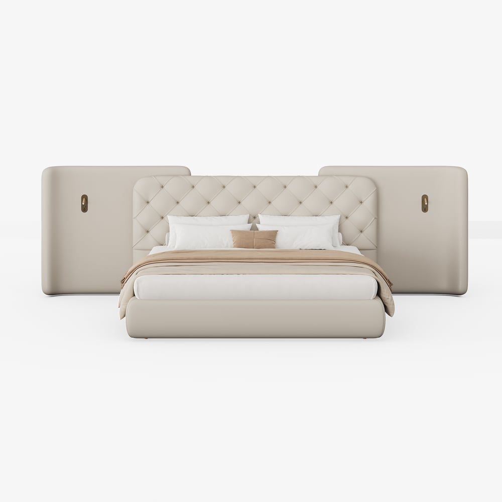 Modern King Genuine Leather Tufted Bed with Wide Charging Headboard & Light window image