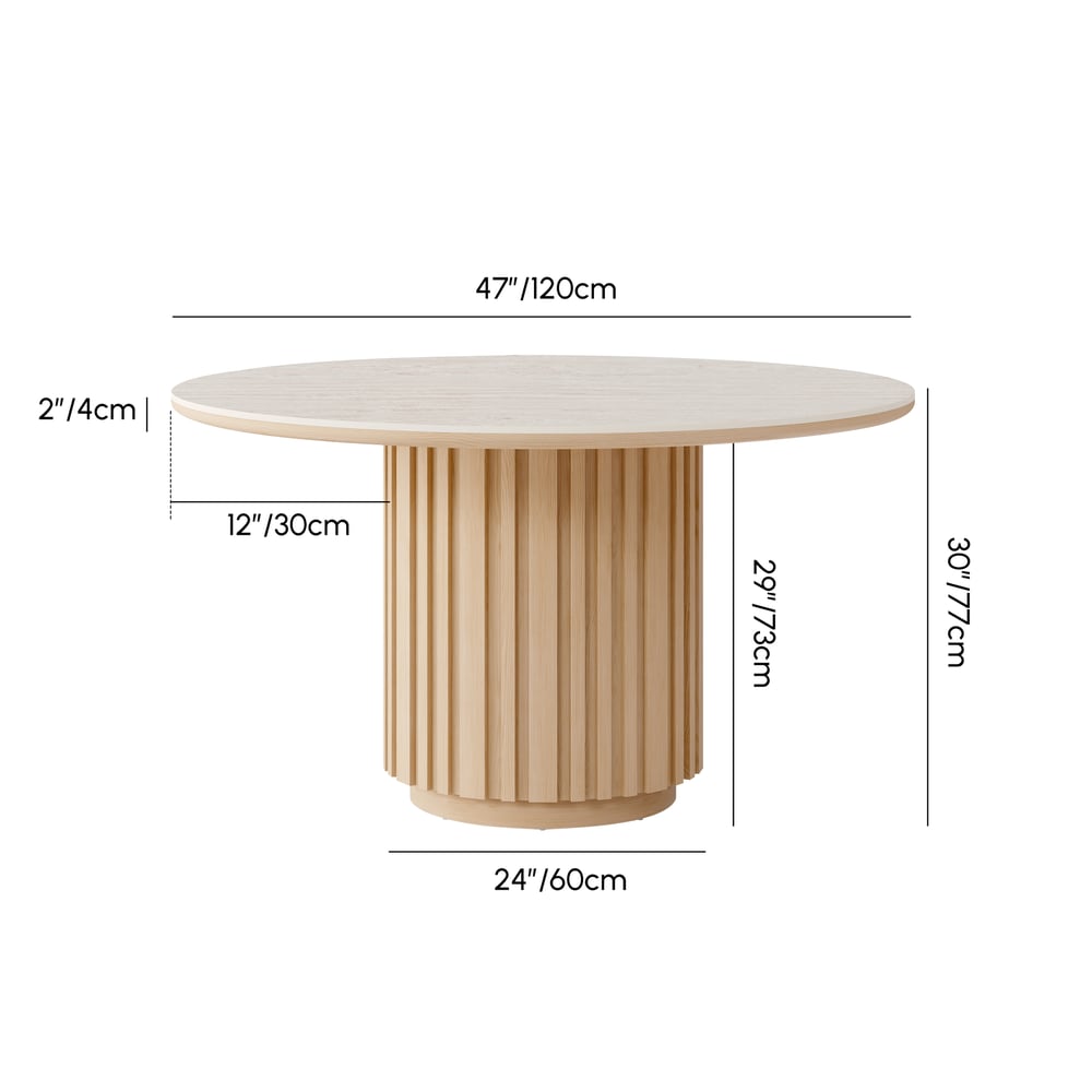 Aura 47" Round Natural Faux Travertine Sintered Stone Dining Table, Fluted Base, Seats 4 weights dimensions image