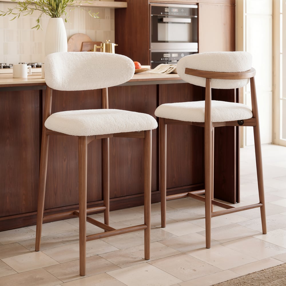Modern Walnut Boucle Bar Stool with Wooden Legs, 1 Piece window image