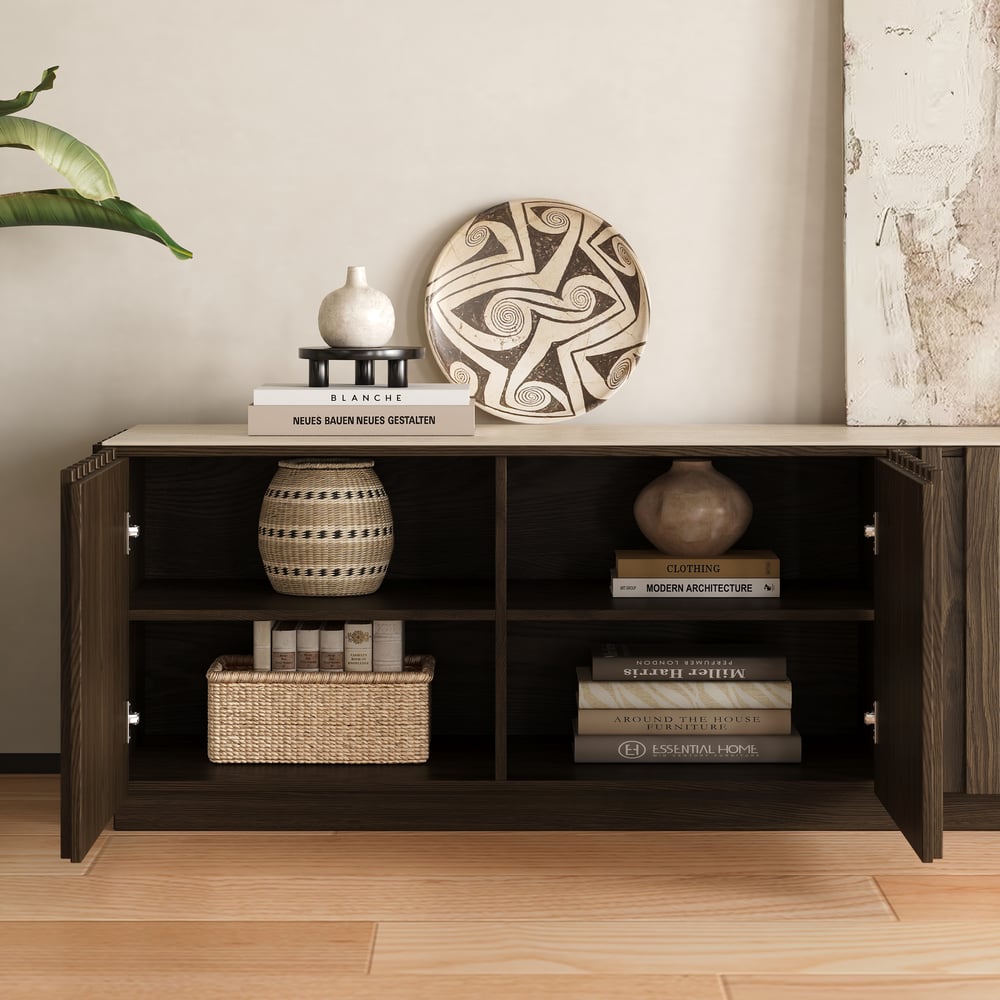Aura 83" Ash Wood Fluted Smoked Brown TV Stand with Sintered Stone Top window image