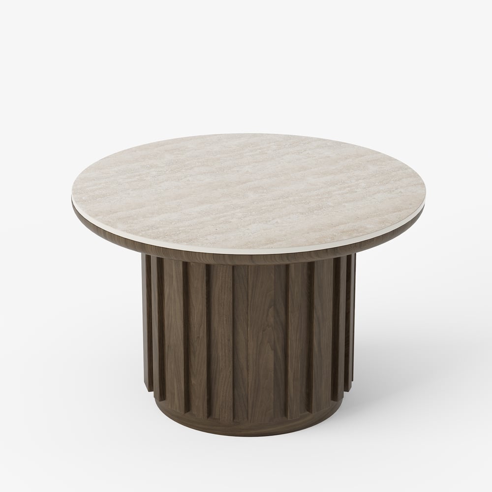 Table basse ronde à lattes en bois de frêne Aura avec plateau en pierre frittée image de fenêtre