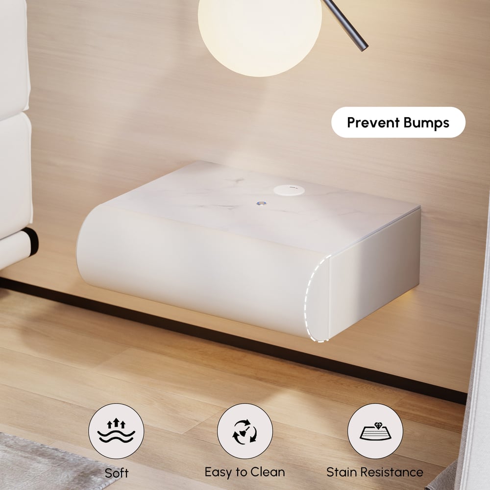 Table de chevet intelligente à LED 1 tiroir en cuir flottant Humply avec plateau en pierre frittée image de fenêtre