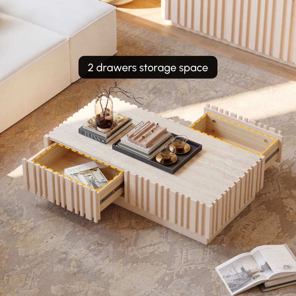 Aura 47" Ash Wood Slatted Coffee Table with Sintered Stone Top window image