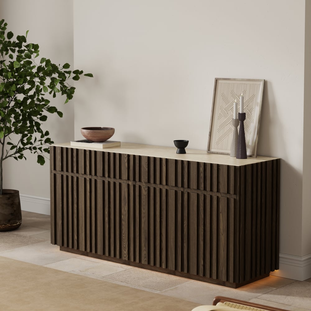 Aura 65" Ash Wood Slatted TV Stand with Sintered Stone Top window image