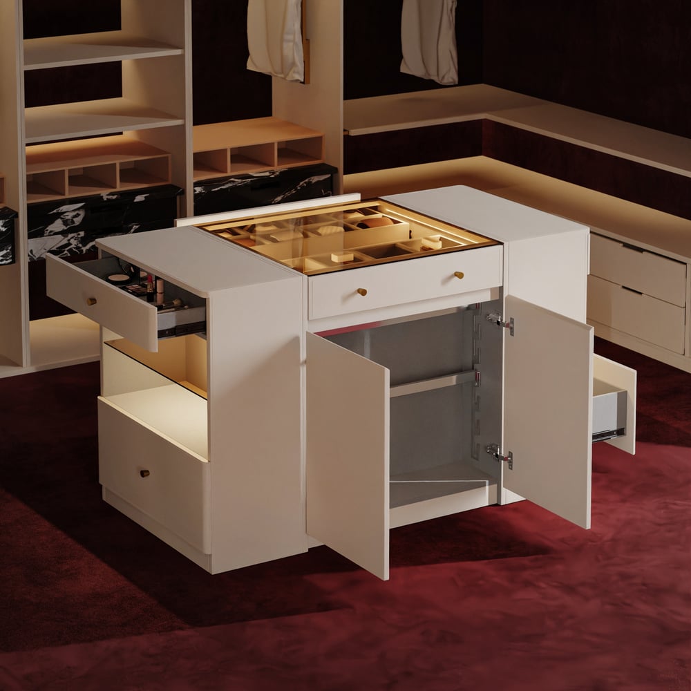 Selvo Saddle Leather Glass Top Closet Island with Storage, Light and Jewelry Display window image