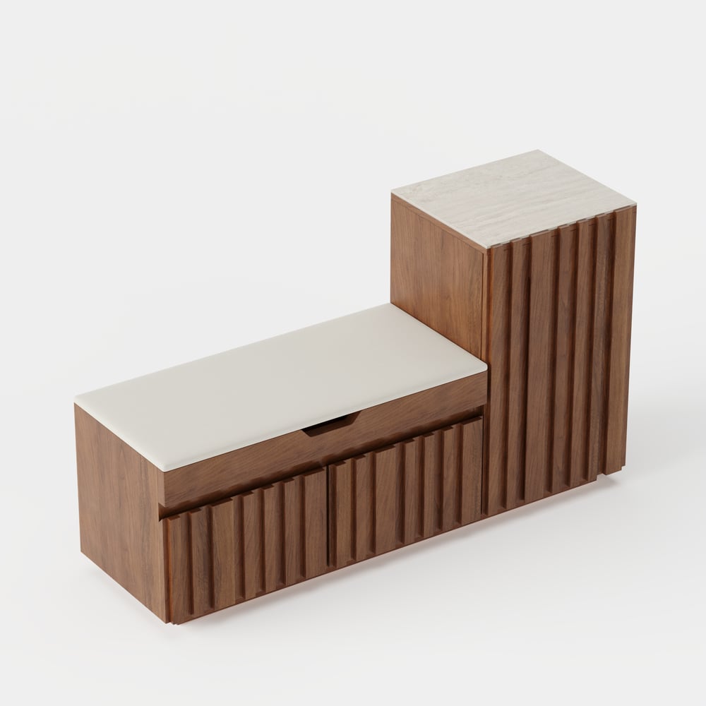 Banc de rangement à chaussures Aura 47" en bois de noyer avec armoire sur le côté droit pour entrée image de fenêtre