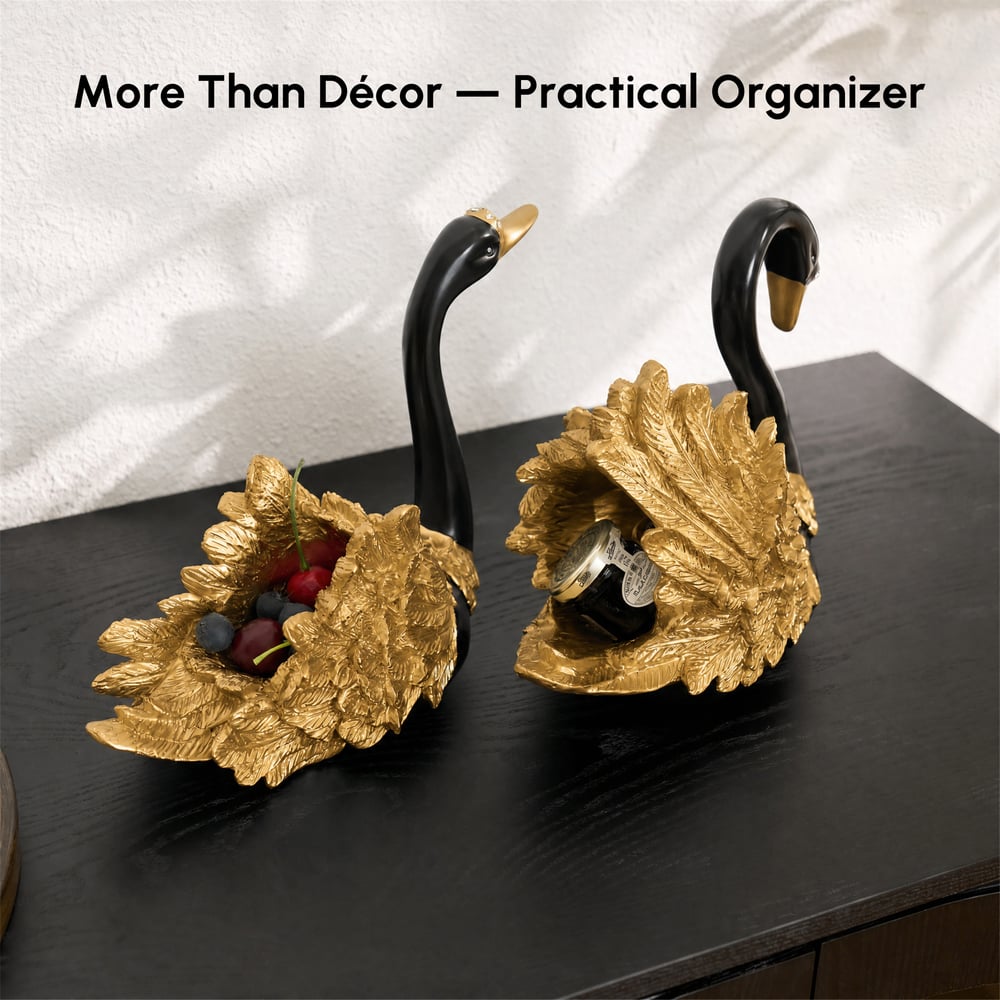 2-Piece Resin Swan Figurines, Black & Gold Decorative Storage Set window image
