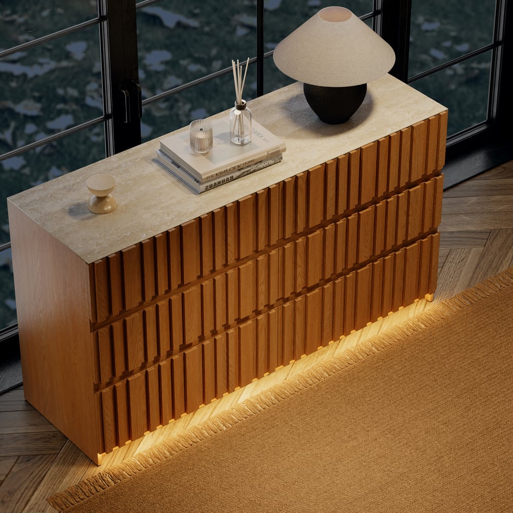 Aura 59" Natural Sintered Stone 6-Drawer Dresser with Lighting window image