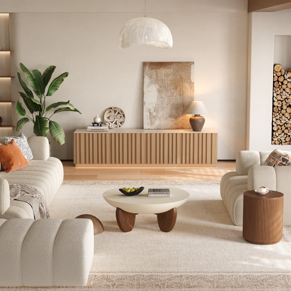 TV Lowboard Aura 213 cm in Grooved Ash in Natural with Sintered Stone Top window image