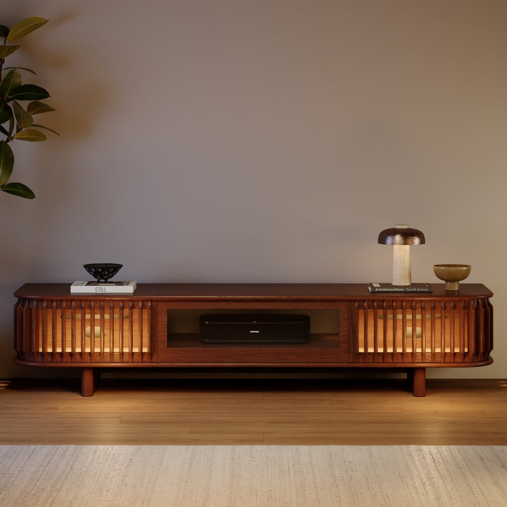 80" Ash Wood Fluted Walnut Projector TV Stand with LED window image