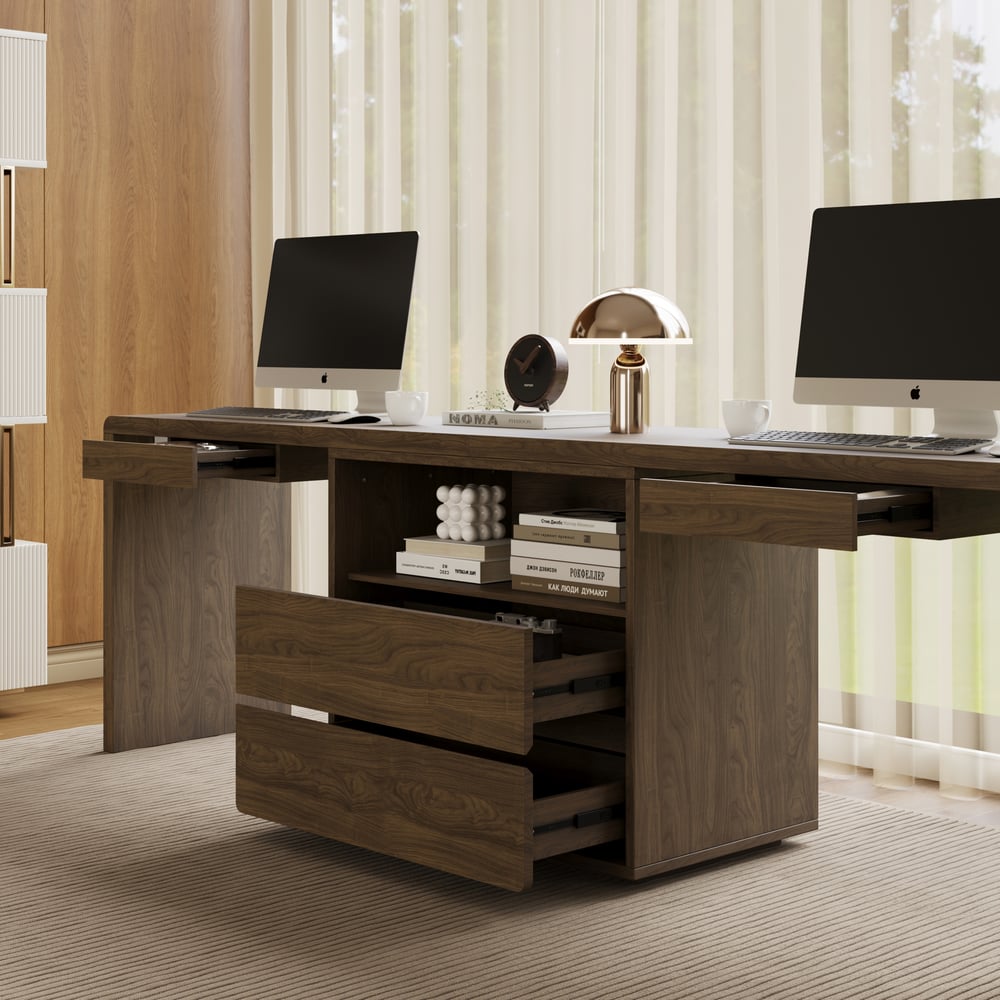 Modern 94" Rectangular Smoked Brown Double Desk with Drawers, Seats 2 window image