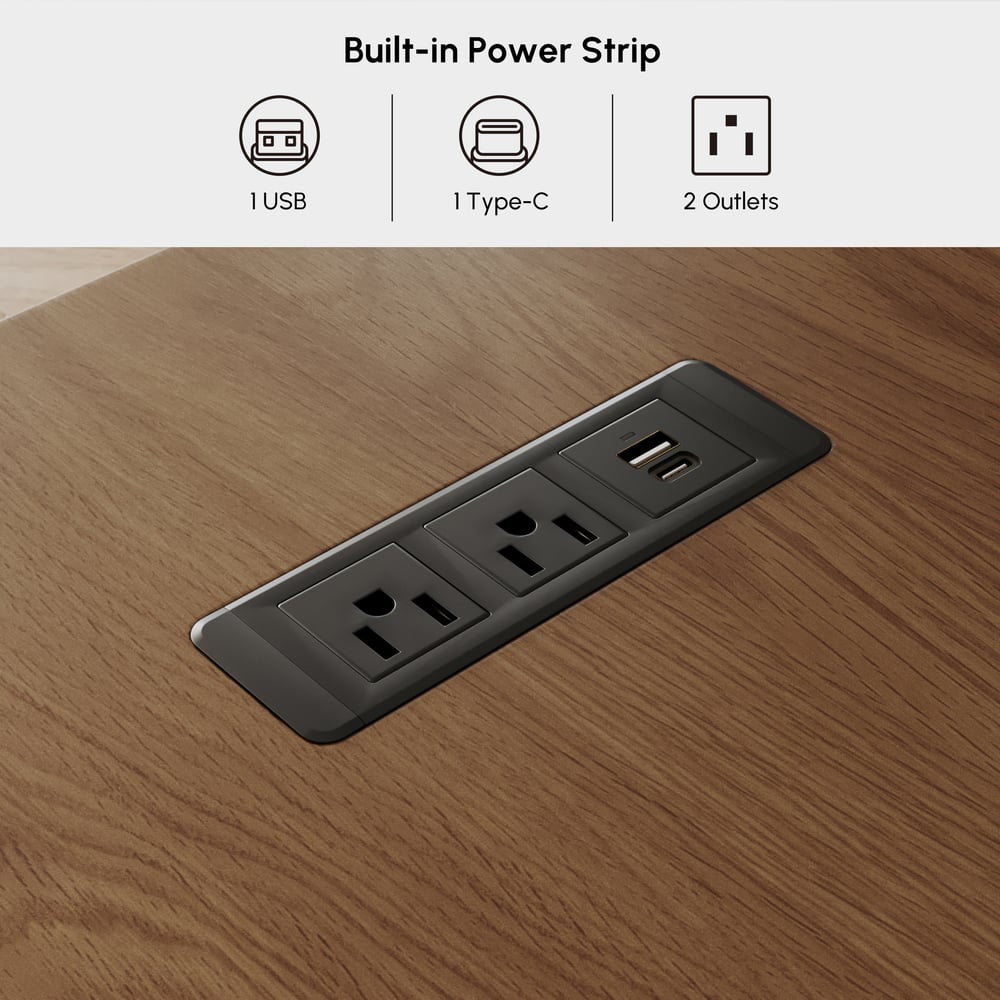 Modern 63” Rectangular Walnut Wood Desk with charging station & storage window image