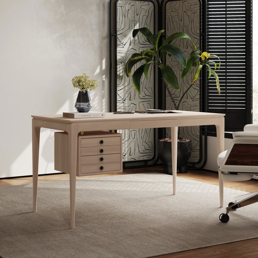 Mid-century Style Whitewash Ash Wood Home Office Desk with 3 Drawers (55.1") window image