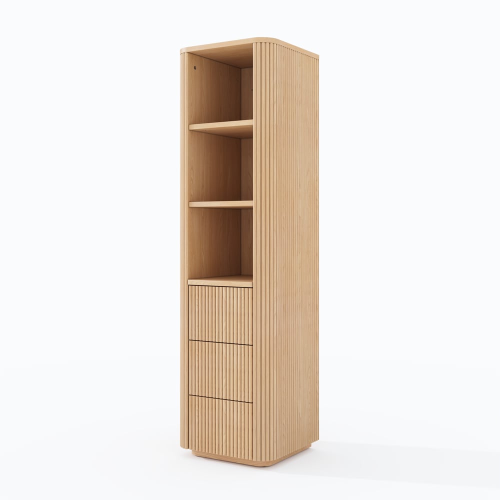 Fluted 58" Bathroom Linen Cabinet with 3 Drawers and Open Shelves window image