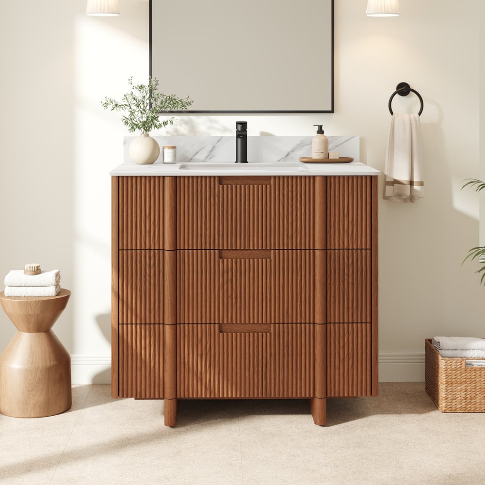36" Fluted Single Bathroom Vanity with Sink and Sintered Stone Top window image