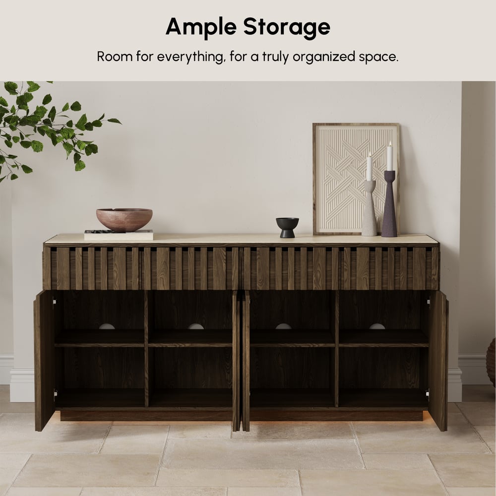Aura 65" Ash Wood Slatted TV Stand with Sintered Stone Top window image