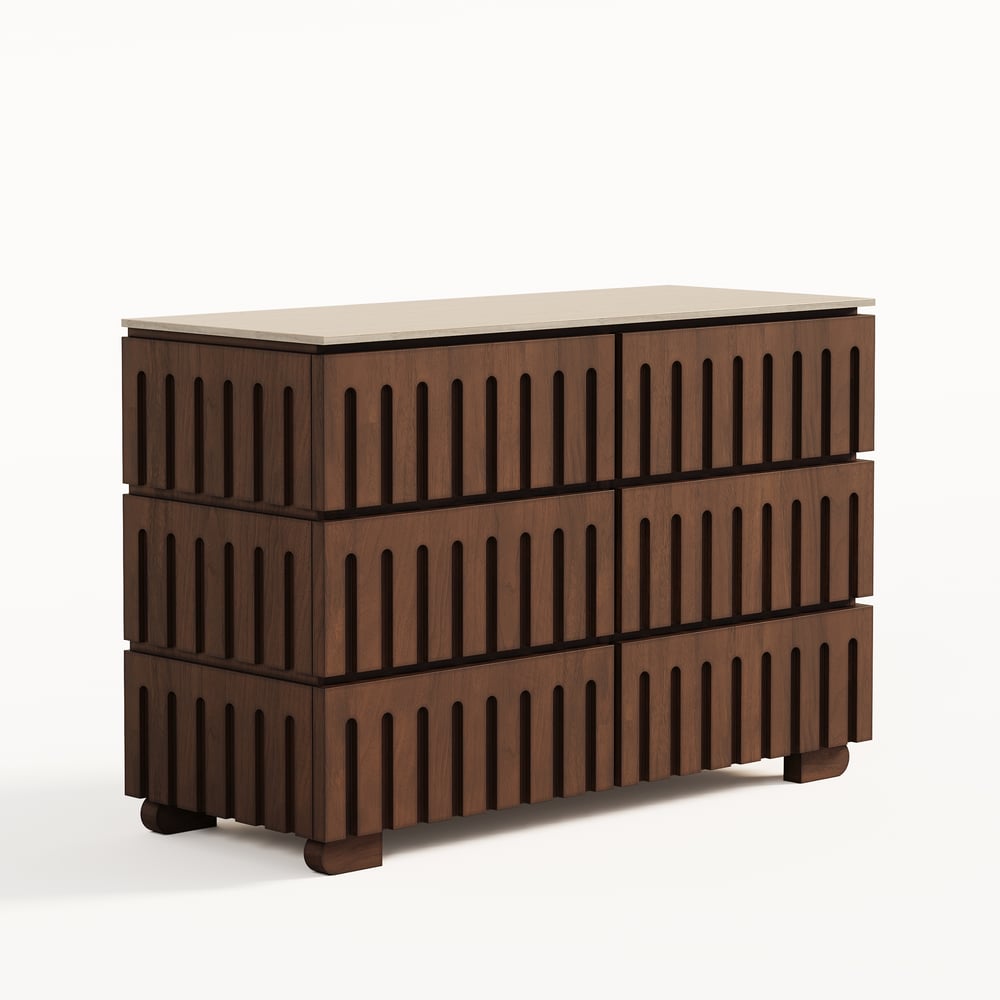 Commode moderne de 47 po en bois de frêne à 6 tiroirs avec dessus en pierre frittée imitation travertin image de fenêtre