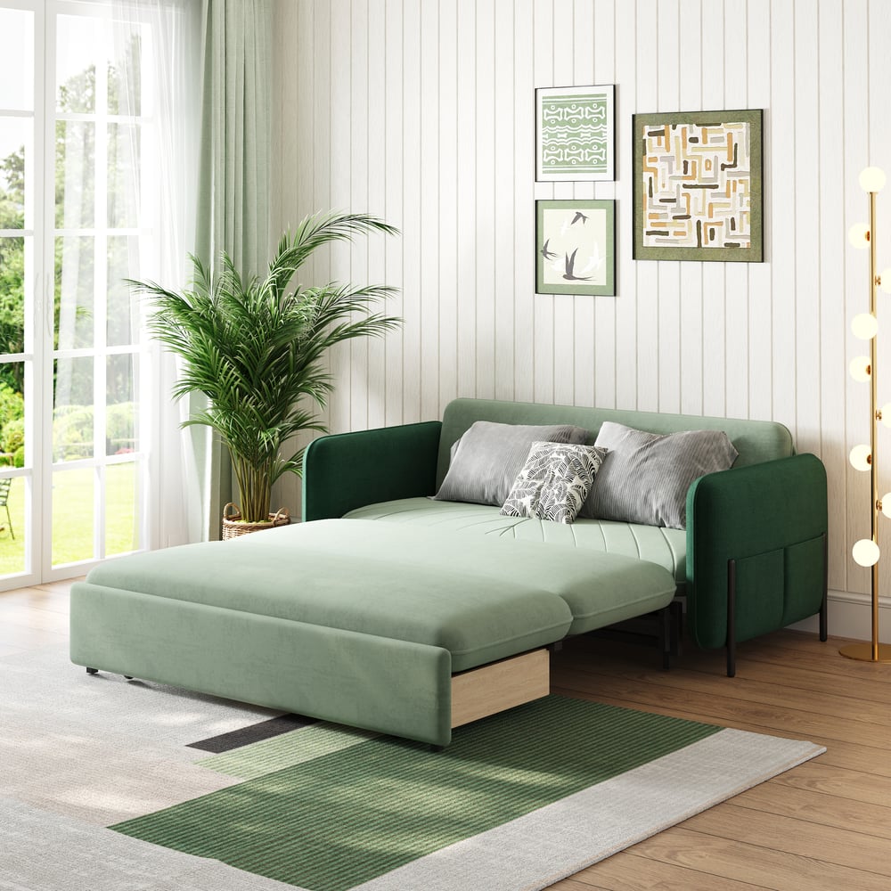 170 cm 2-Seater Green Velvet Convertible Sleeper Sofa with Storage & Pillows window image