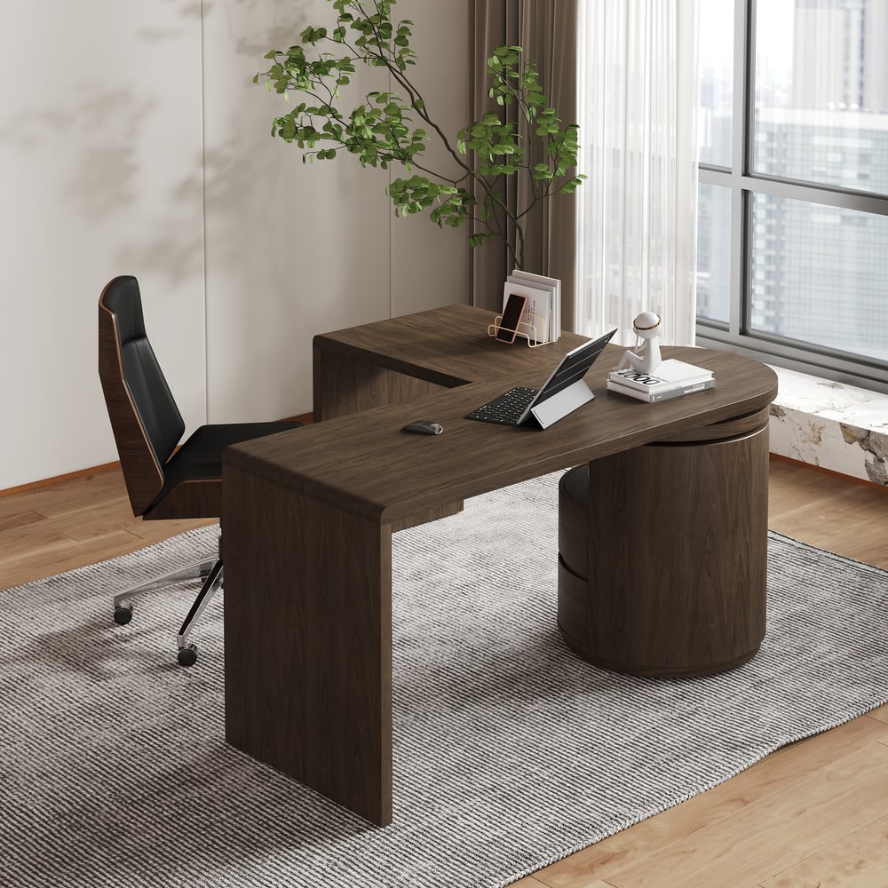 Modern 60" L-Shaped Walnut Office Desk with Drawers, Rotating Design window image