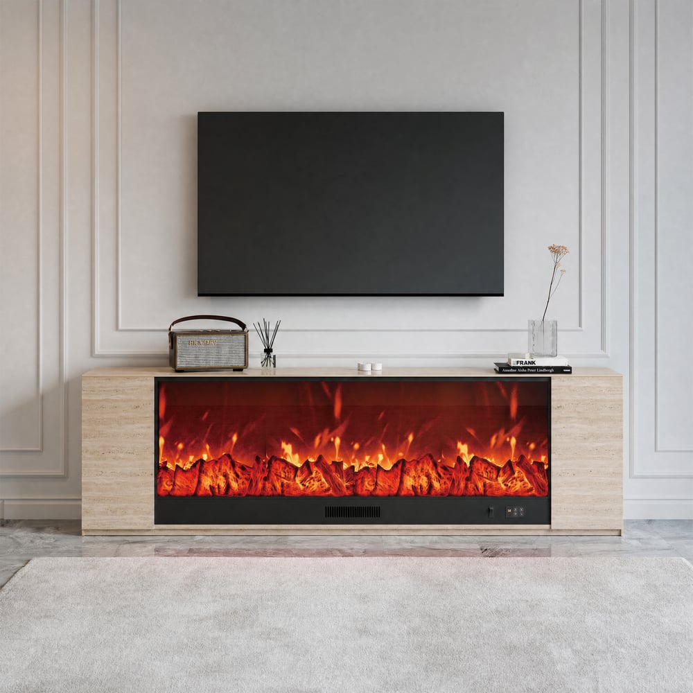 87" Sintered Stone Electric Fireplace TV Stand with Remote Control window image