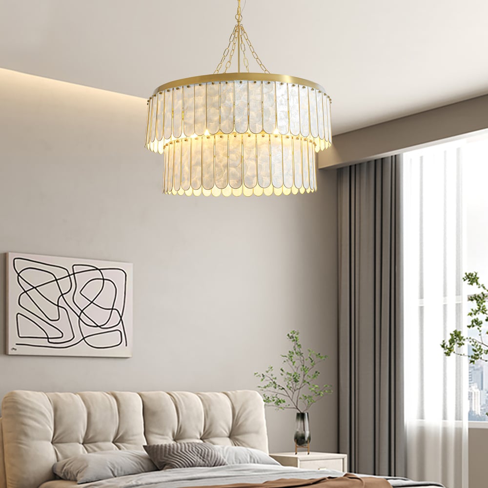Enseo Coastal 8-Light Capiz Shell 2-Tiered Faceted Chandelier Pendant Light Gold White window image