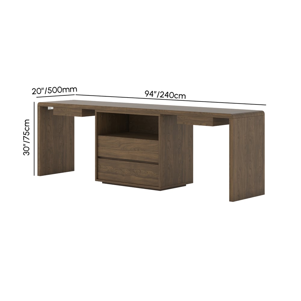 Modern 94" Rectangular Smoked Brown Double Desk with Drawers, Seats 2 weights dimensions image