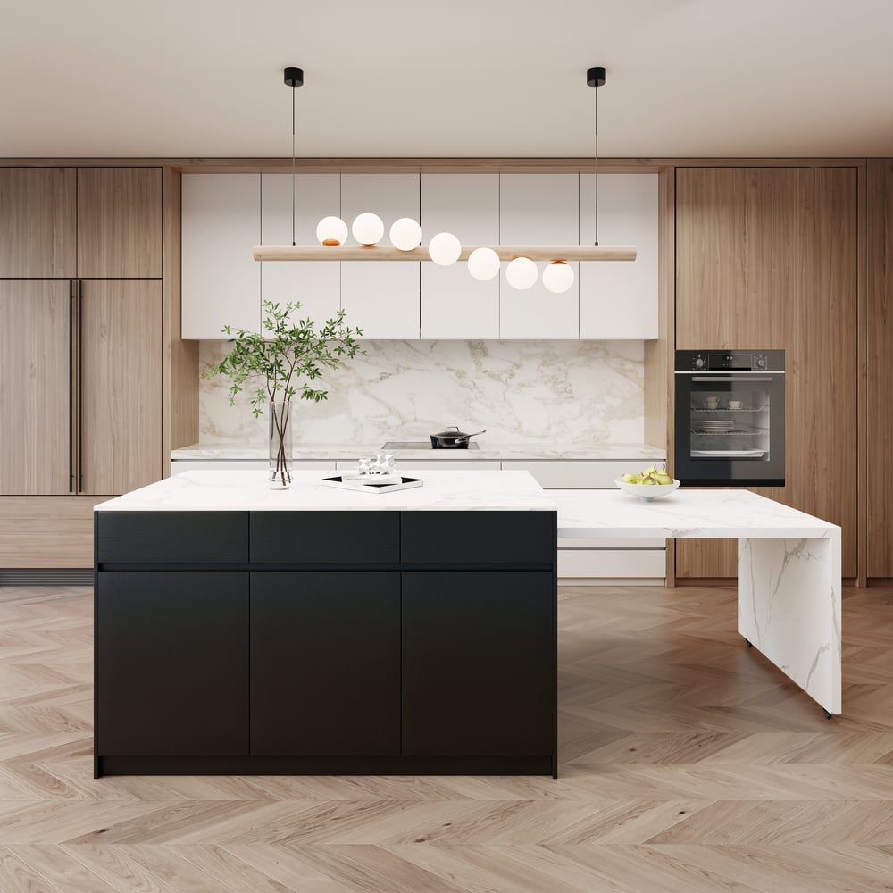 Isla de cocina de madera moderna extensible de 81''-112" con almacenamiento, blanco y negro Imagen de ventana