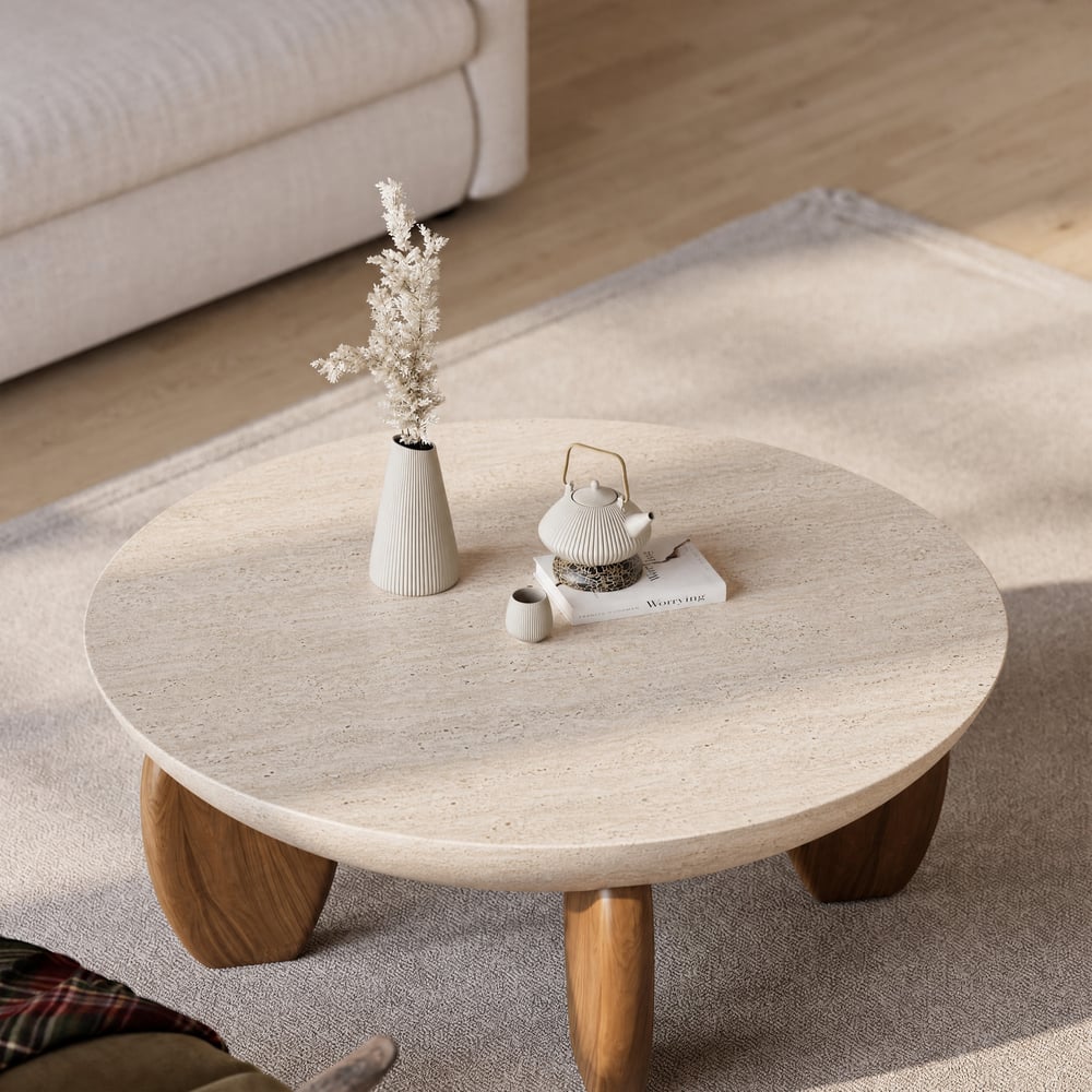 Table basse Curva ronde 94 cm en béton noyer avec pieds en bois image de fenêtre
