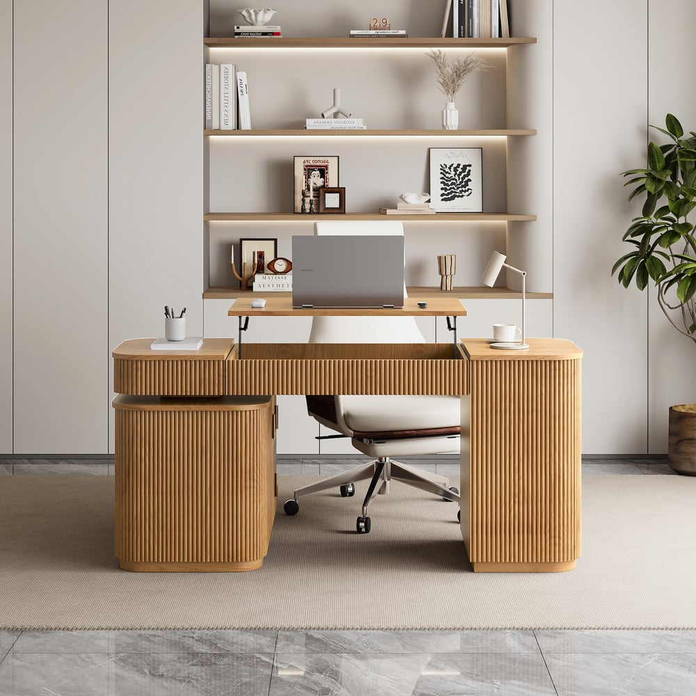 Velign 65" L-Shape Natural Executive Desk with Right-Side Cabinet window image