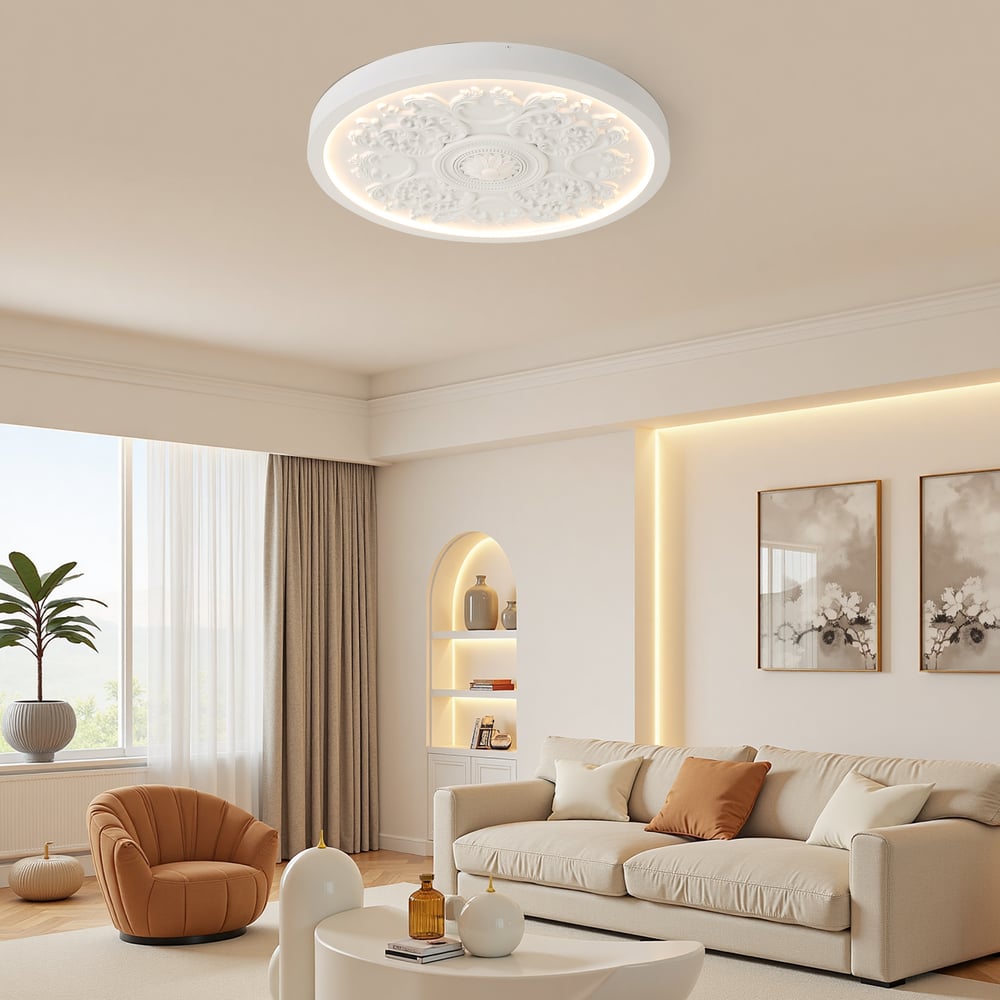 French Elegant White Resin 3D Carved LED Dimmable Flush Mount Ceiling Light window image