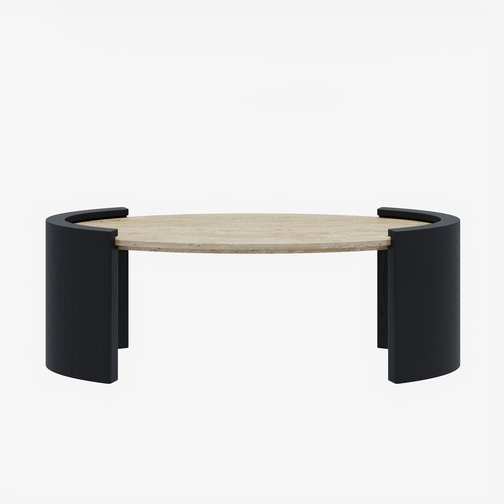 Table Basse de 43" en Pierre de Travertin Ovale Style Japandi image de fenêtre